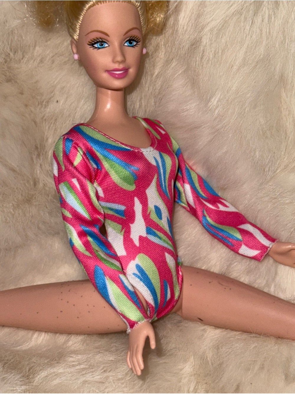 Barbie Mattel 80’s pink multi color long sleeve leotard